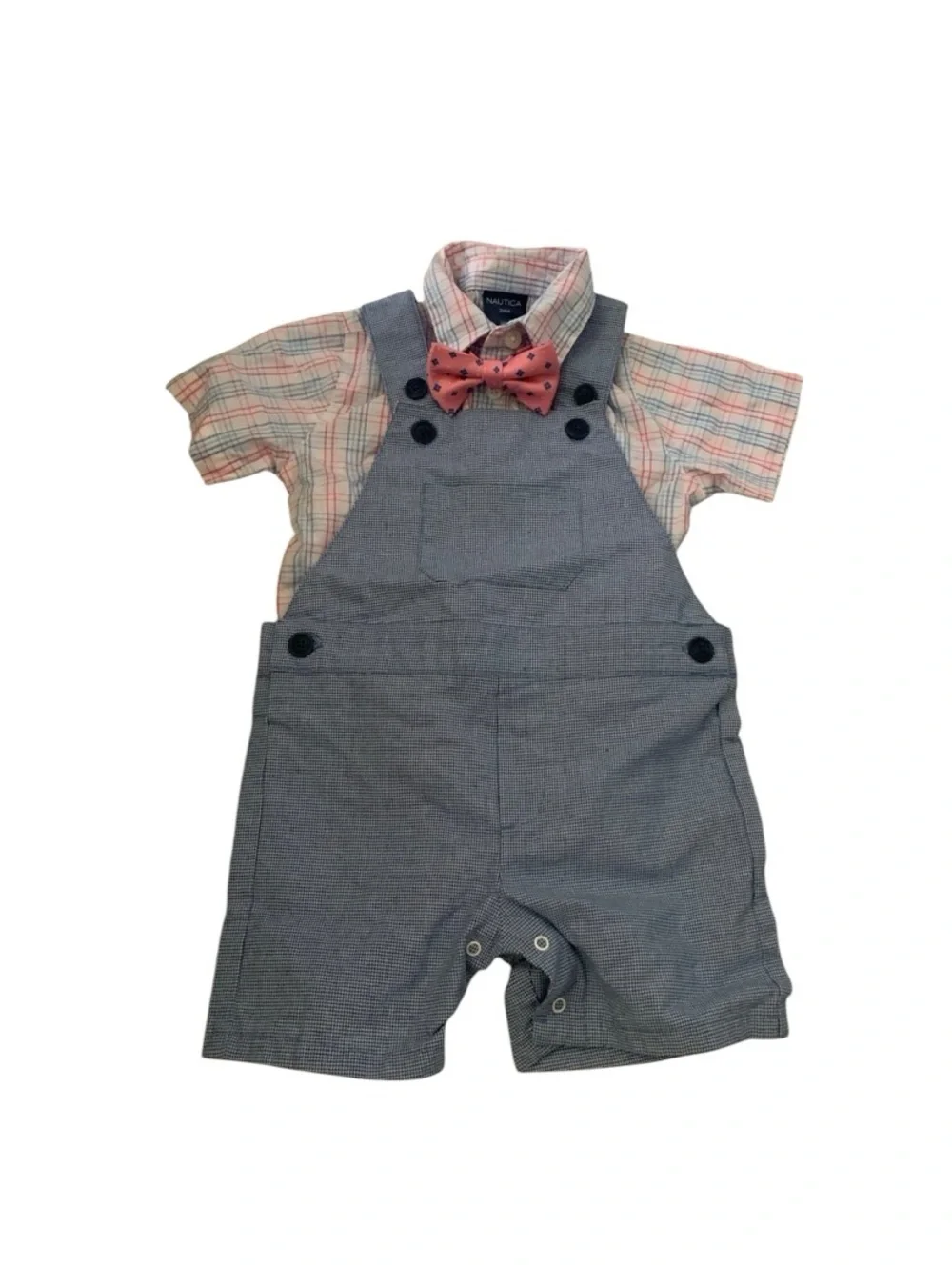 Nautica Kids Coral Bow Tie with Navy Accent and Blue Check Overalls Set